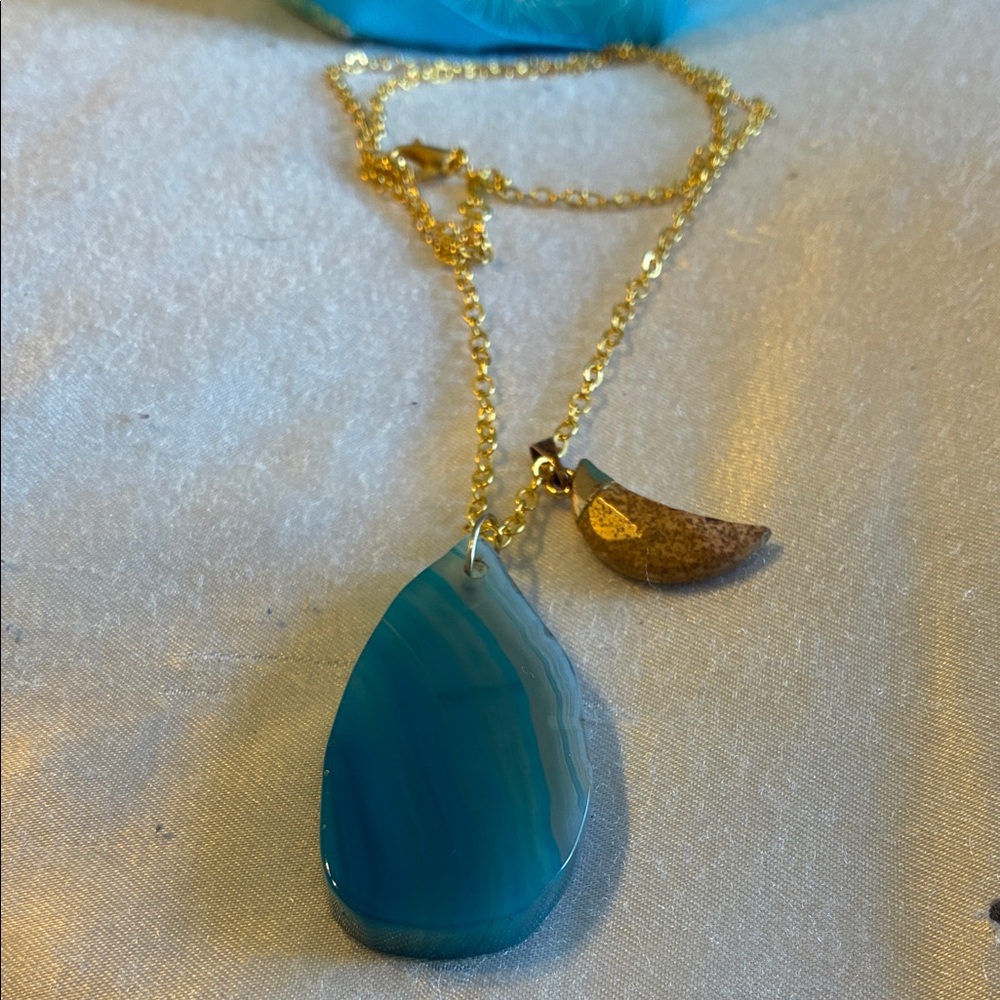 Elegant Blue Agate Slice and Jasper Moon Pendants on 23” Gold Tone Chain